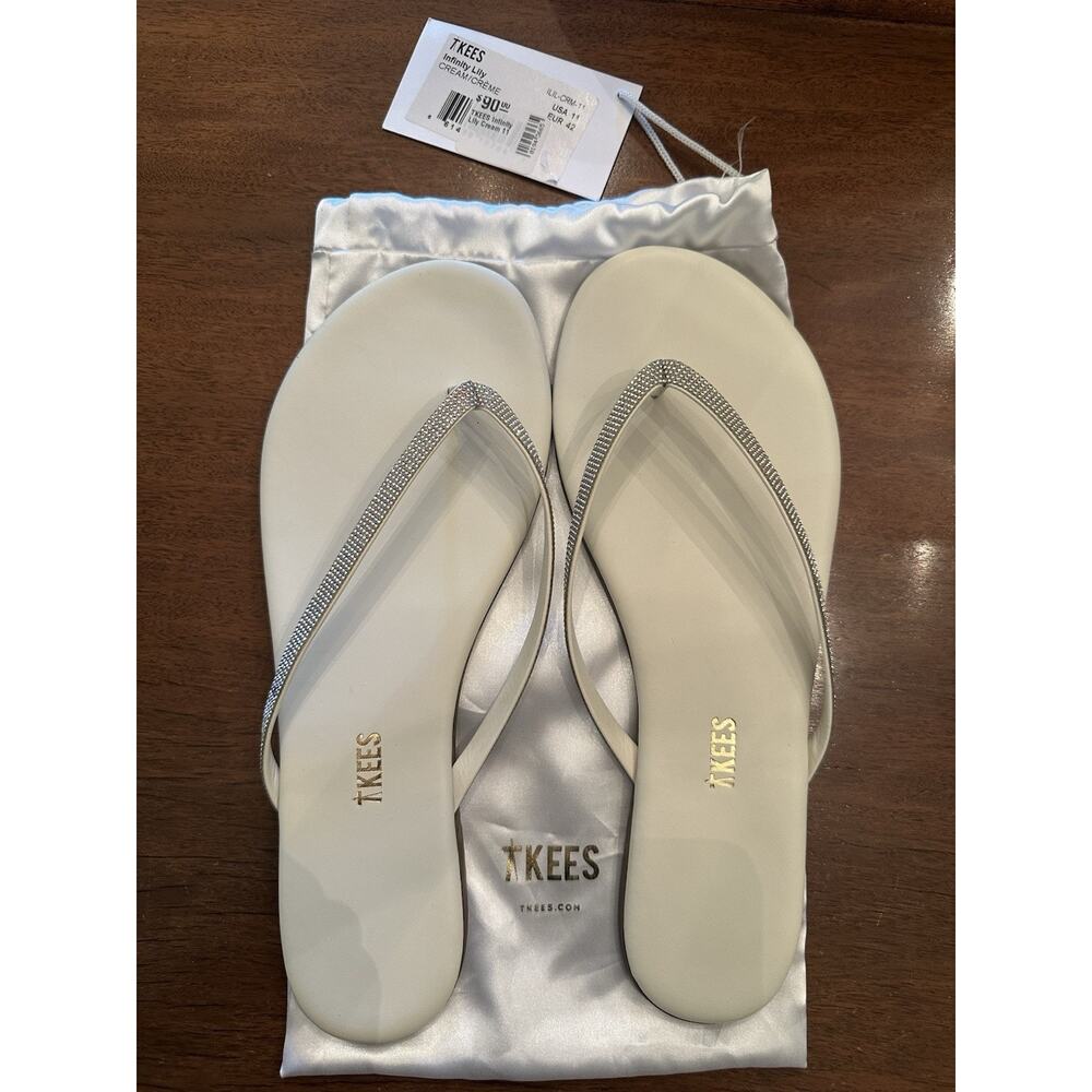 Tkees Size 11 White and Silver Beaded Flip Flops
